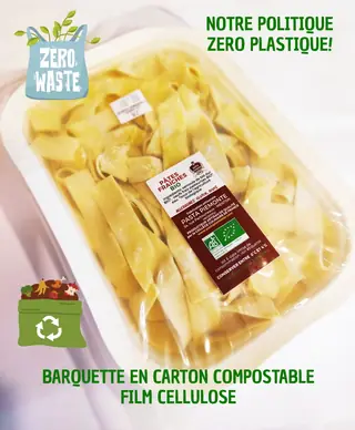 Pasta fresca Pasta Piemonte in vaschetta compostabile con film in cellulosa, politica zero plastica