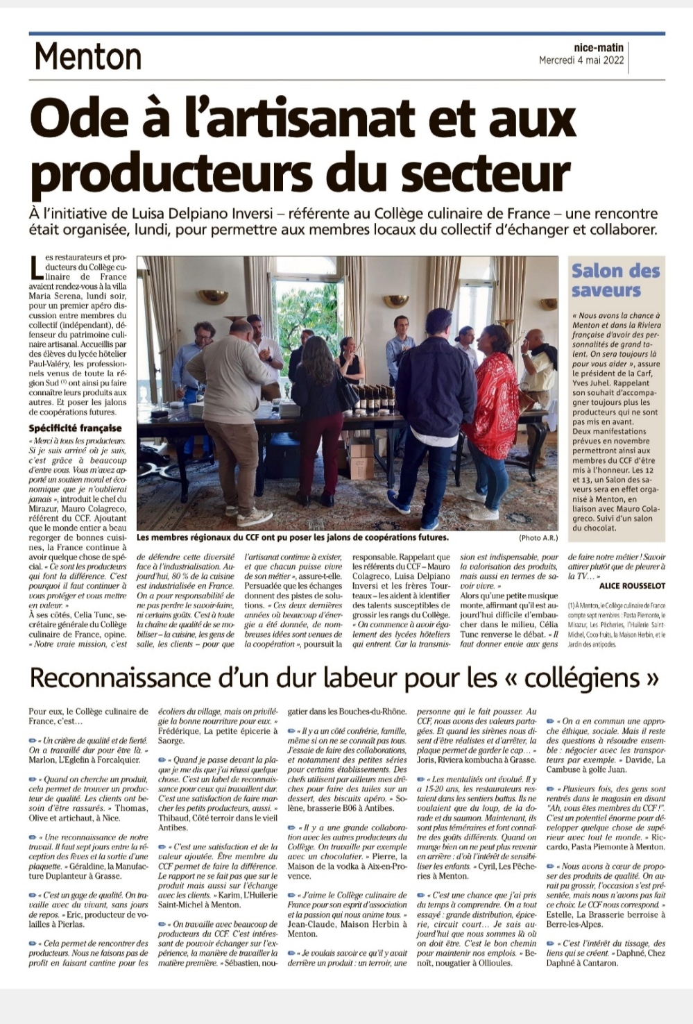 Articolo Nice-Matin del 4 maggio 2022 sull’incontro del Collège Culinaire de France a Mentone