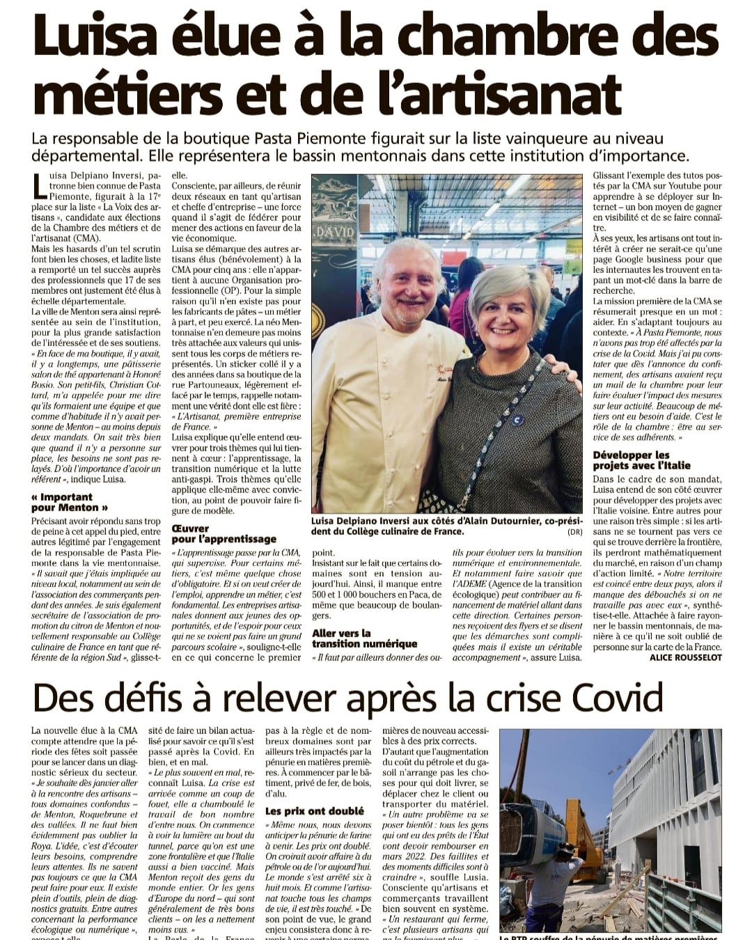 Articolo Nice-Matin del novembre 2021 dedicato a Luisa Delpiano Inversi e al suo impegno artigianale